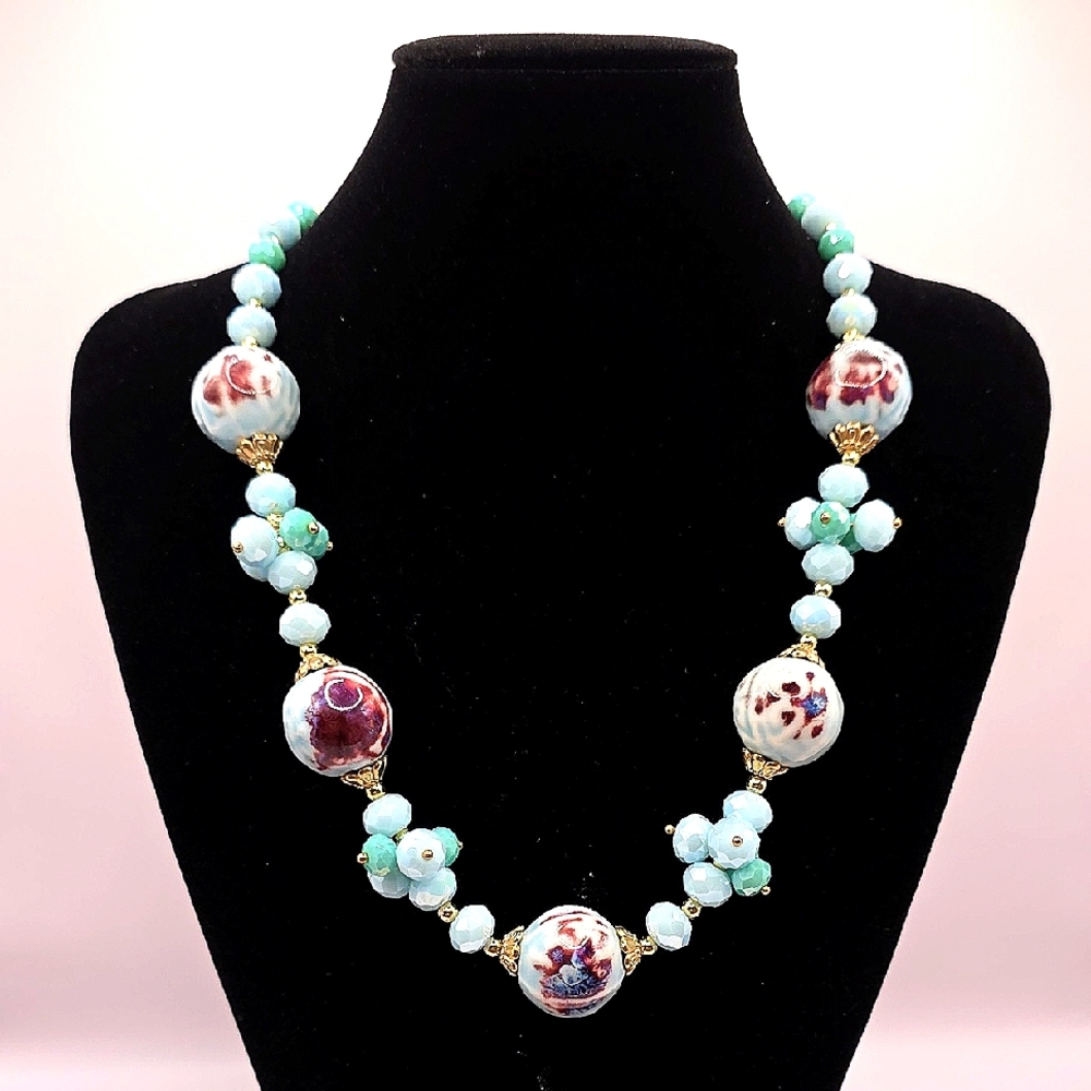 Blue Motif Ceramic & AB Faceted Crystal Beaded Statement Necklace
